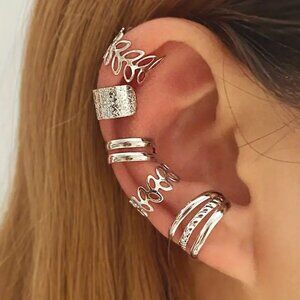 Ear Clips Rings Bands Silver 5pc Set Adjustable Beach Vacation Hippie Boho Cuffs